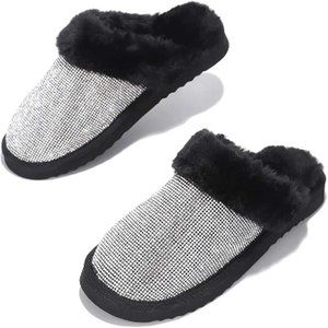 Brand New Black & Silver Crystal Faux Fur Lounge Slippers